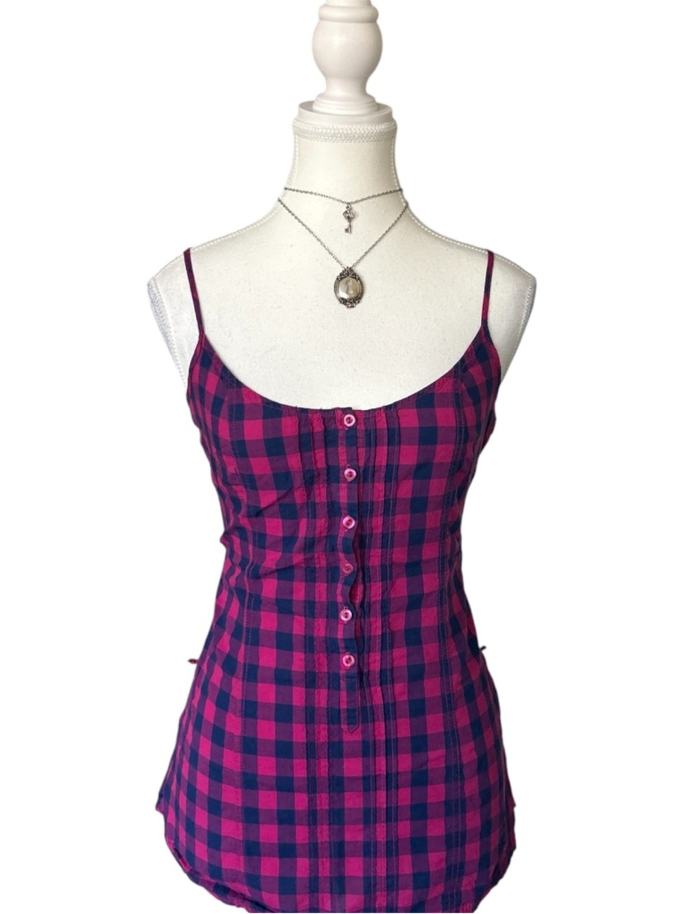 Y2K “Garage” Pink/Blue Tartan Print Button-up Style Tank Top